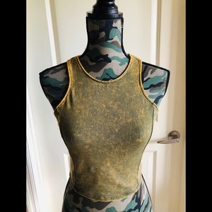 2B Bebe Crop Racerback Acid Wash Mustard Tank